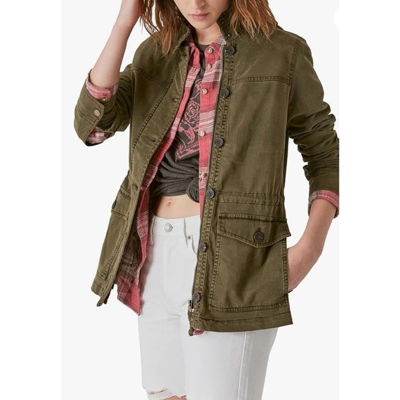 Lucky Brand Womens Full Zip Up Jacket Green Military Cargo Utility Boho Sz Small - Picture 4 of 9
